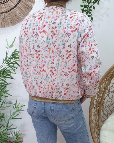 Bombers femme écru fleurs roses mauves vertes Mélinaé