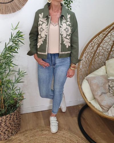 Veste femme kaki broderies beiges Ilyana