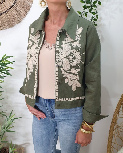 Veste femme kaki broderies beiges Ilyana