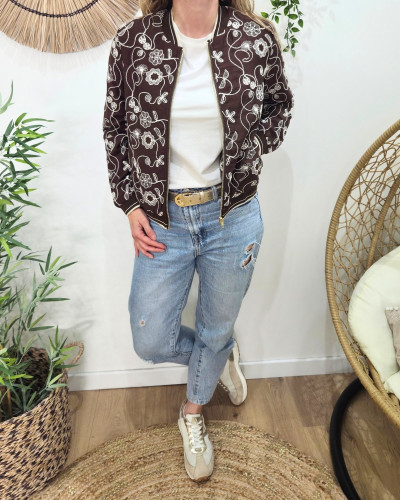 Bombers femme marron fleurs brodées beiges Ysoriah