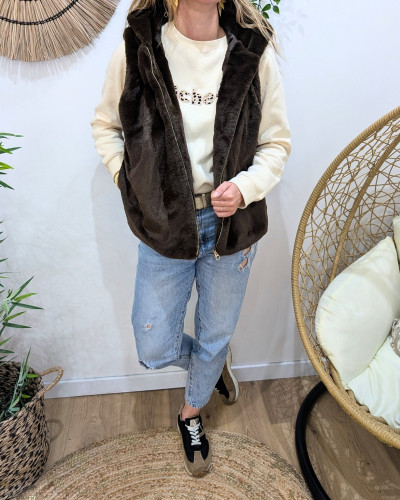 Veste sans manche femme à capuche fausse fourrure