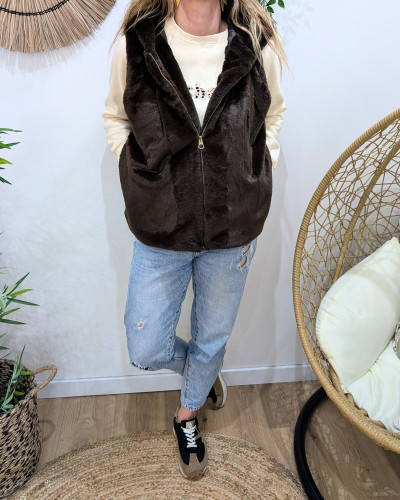 Veste sans manche femme à capuche fausse fourrure