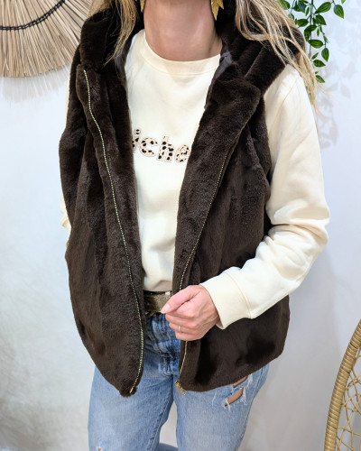 Veste sans manche femme à capuche fausse fourrure