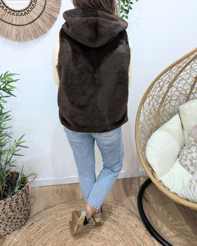 Veste sans manche femme à capuche fausse fourrure