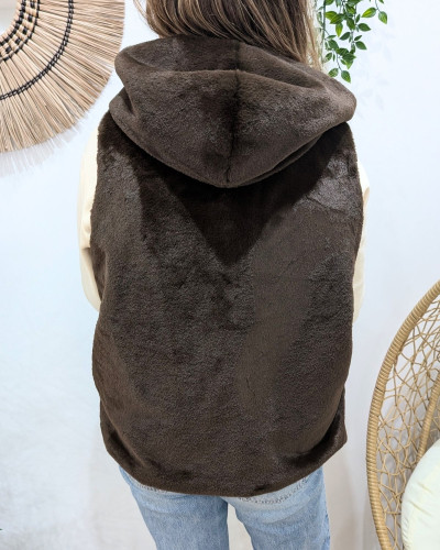 Veste sans manche femme à capuche fausse fourrure