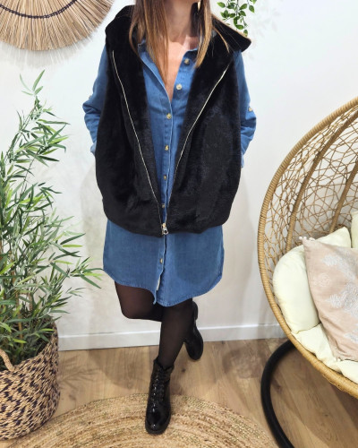 Veste sans manche femme à capuche fausse fourrure