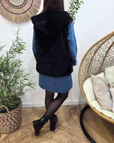 Veste sans manche femme à capuche fausse fourrure