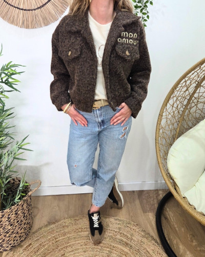 Veste femme boutonnée broderie mon amour dorée