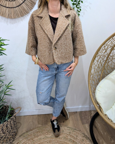 Veste femme boutonnée manches courtes broderie oeil palmier
