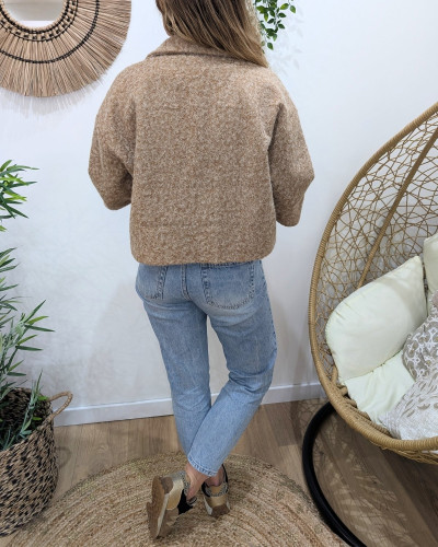 Veste femme boutonnée manches courtes broderie oeil palmier