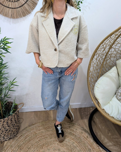 Veste femme boutonnée manches courtes broderie oeil palmier