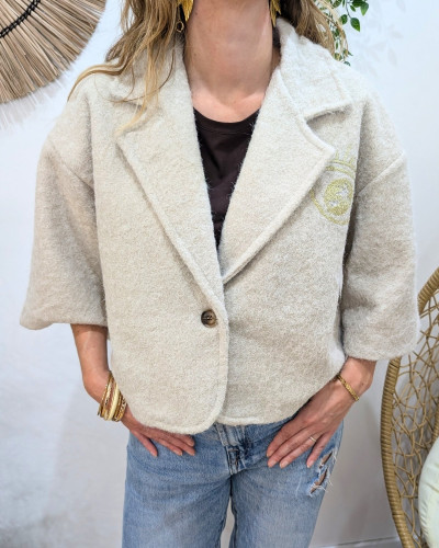 Veste femme boutonnée manches courtes broderie oeil palmier