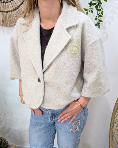 Veste femme boutonnée manches courtes broderie oeil palmier