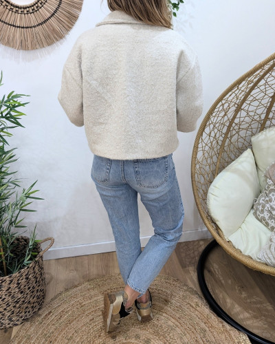 Veste femme boutonnée manches courtes broderie oeil palmier