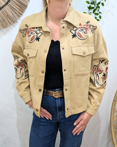 Veste coton femme camel broderies fleuries terracotta noires beiges