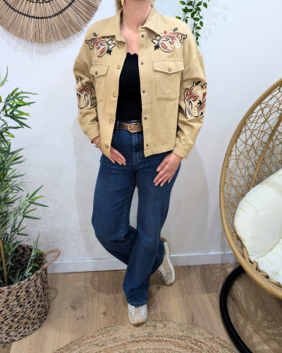 Veste coton femme camel broderies fleuries terracotta noires beiges
