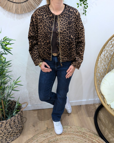 Veste Bombers suédine femme léopard marron