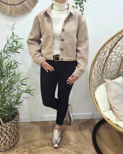 Veste à carreaux femme camel liseré doré