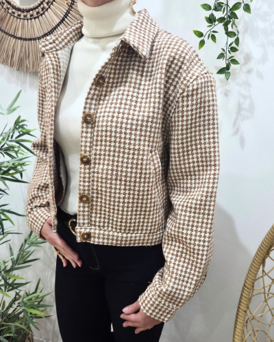Veste à carreaux femme camel liseré doré