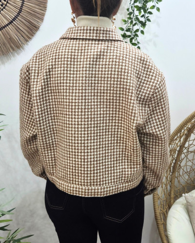 Veste à carreaux femme camel liseré doré