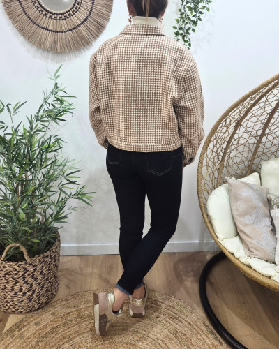 Veste à carreaux femme camel liseré doré