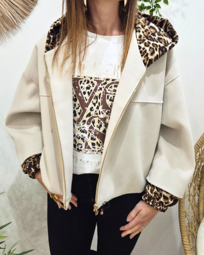 Veste femme beige capuche et manches léopard Callie