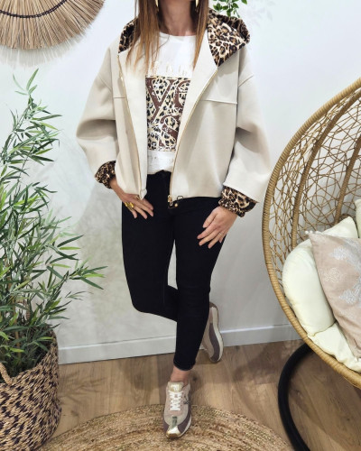 Veste femme beige capuche et manches léopard Callie