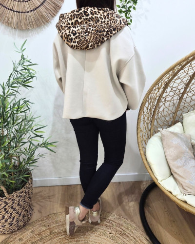 Veste femme beige capuche et manches léopard Callie