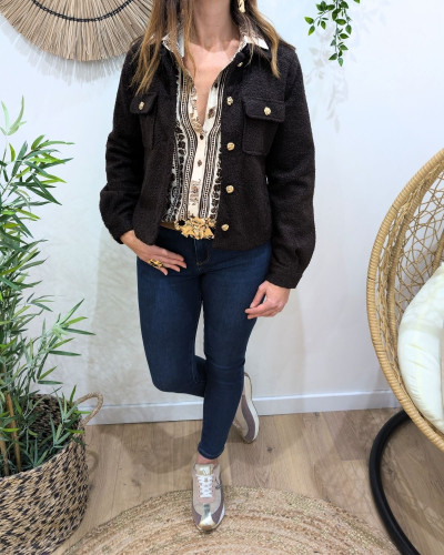 Veste femme bouclettes marron choco boutons dorés Paloma