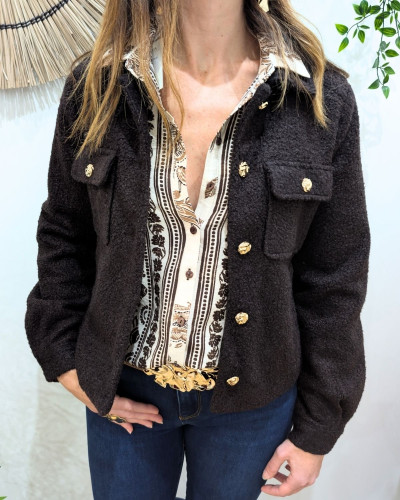 Veste femme bouclettes marron choco boutons dorés Paloma