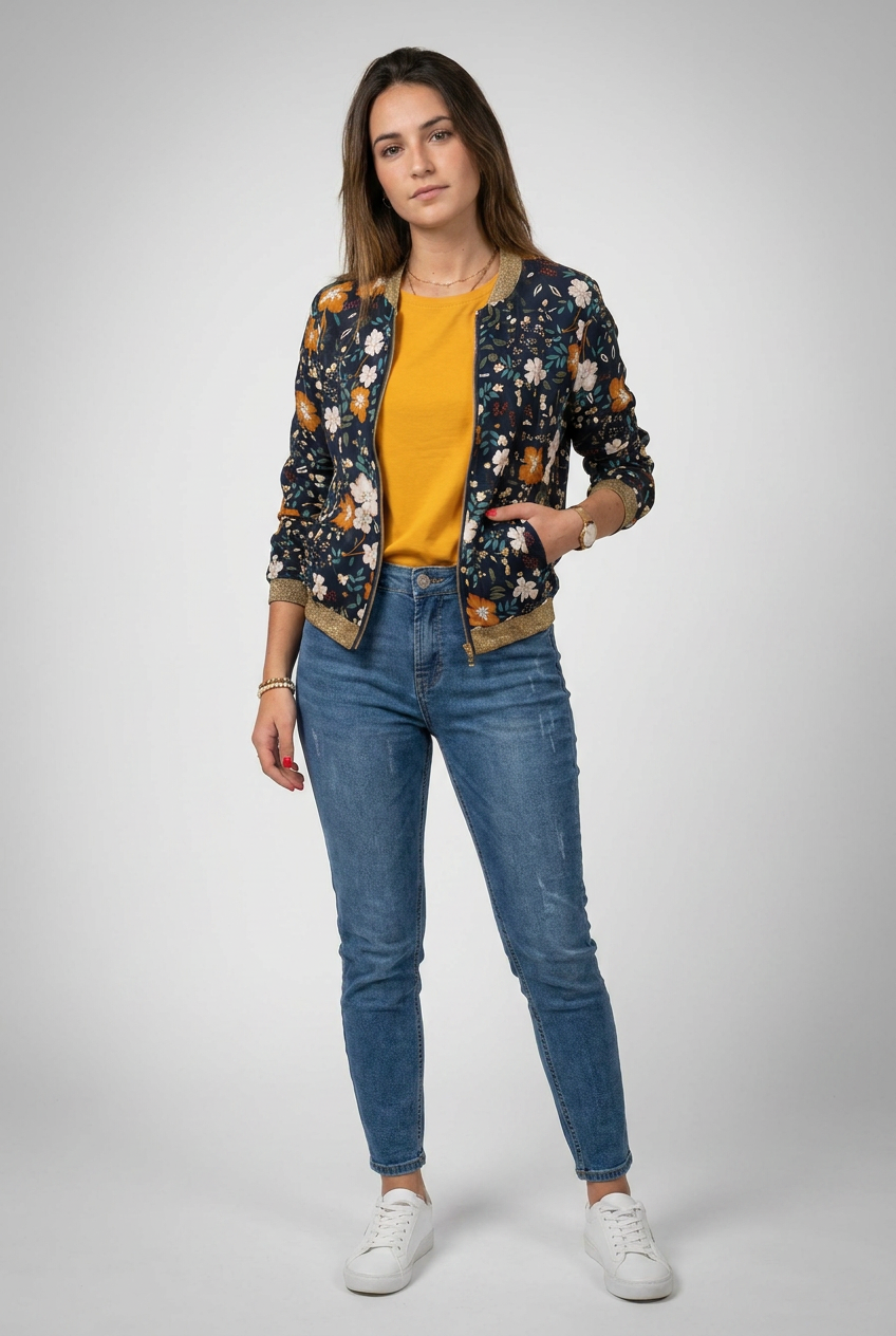 Bombers femme marine imprimé floral beige et moutarde mi-saison léger