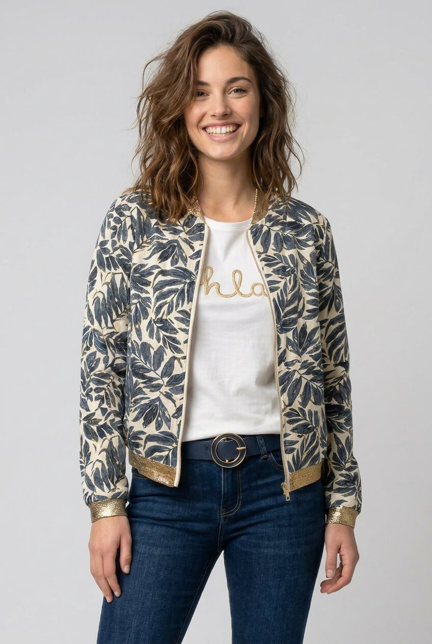Bombers femme écru feuillage bleu mi-saison léger
