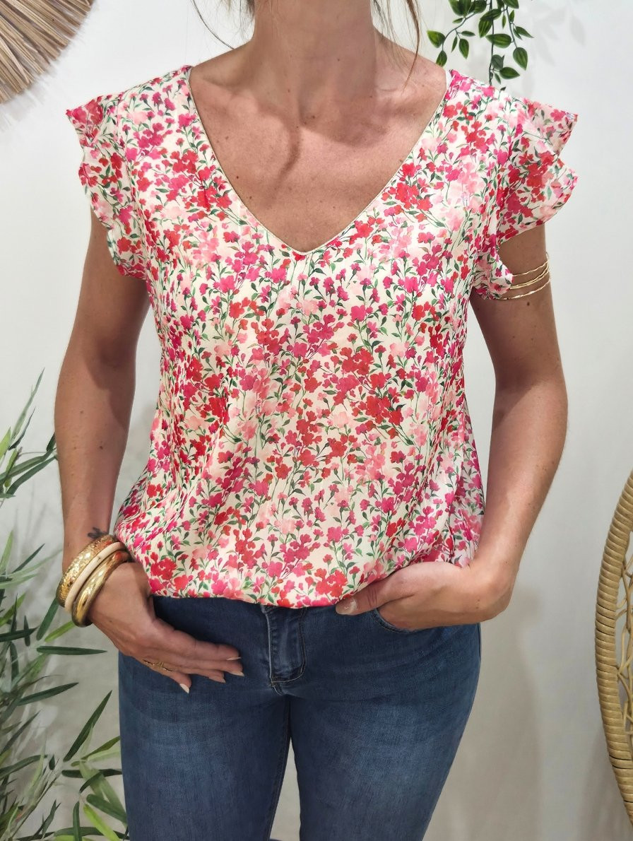 Blouse femme écrue fleurs roses rouges Noémie