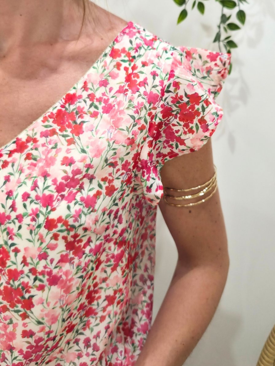Blouse femme écrue fleurs roses rouges Noémie