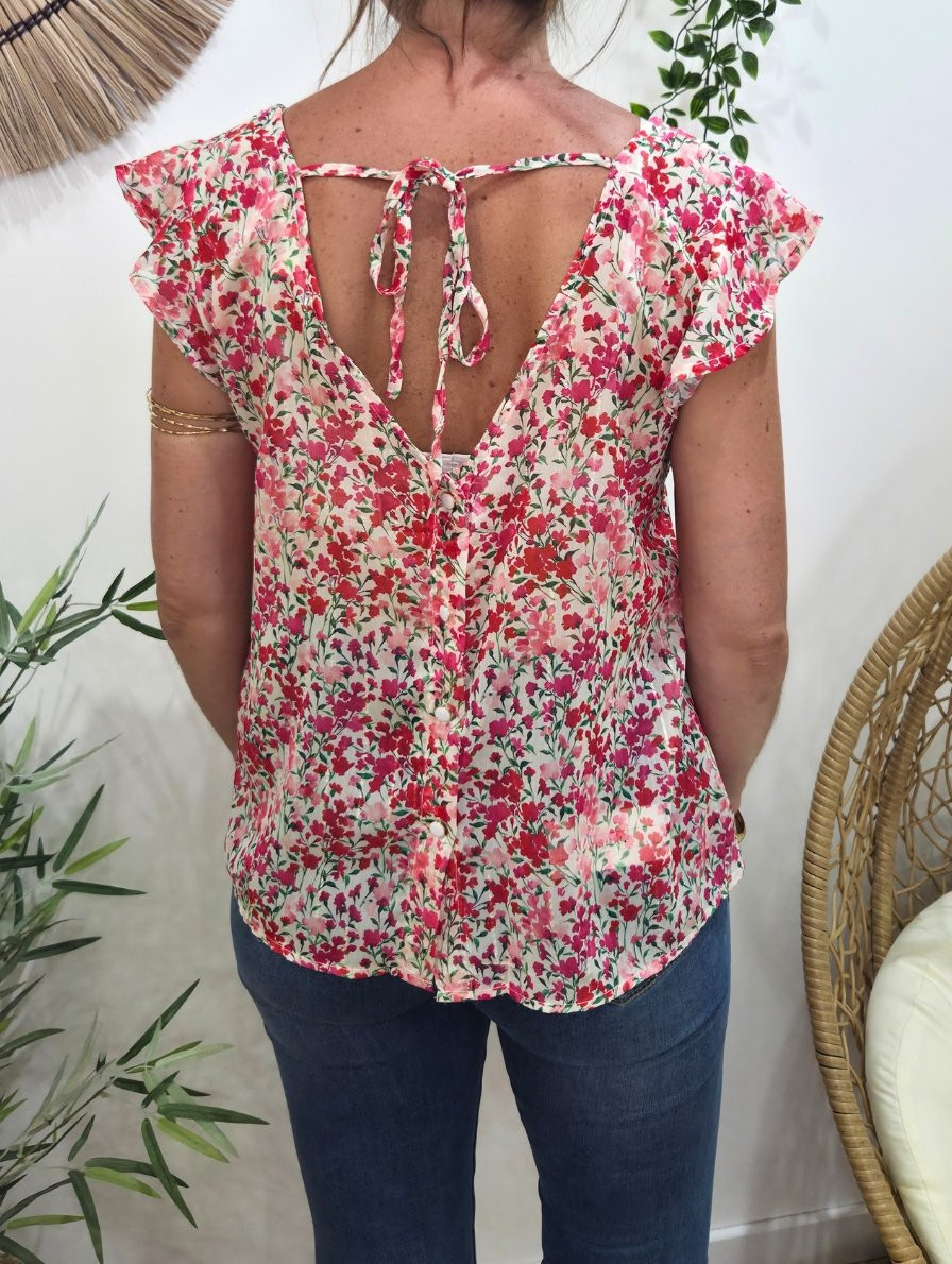 Blouse femme écrue fleurs roses rouges Noémie