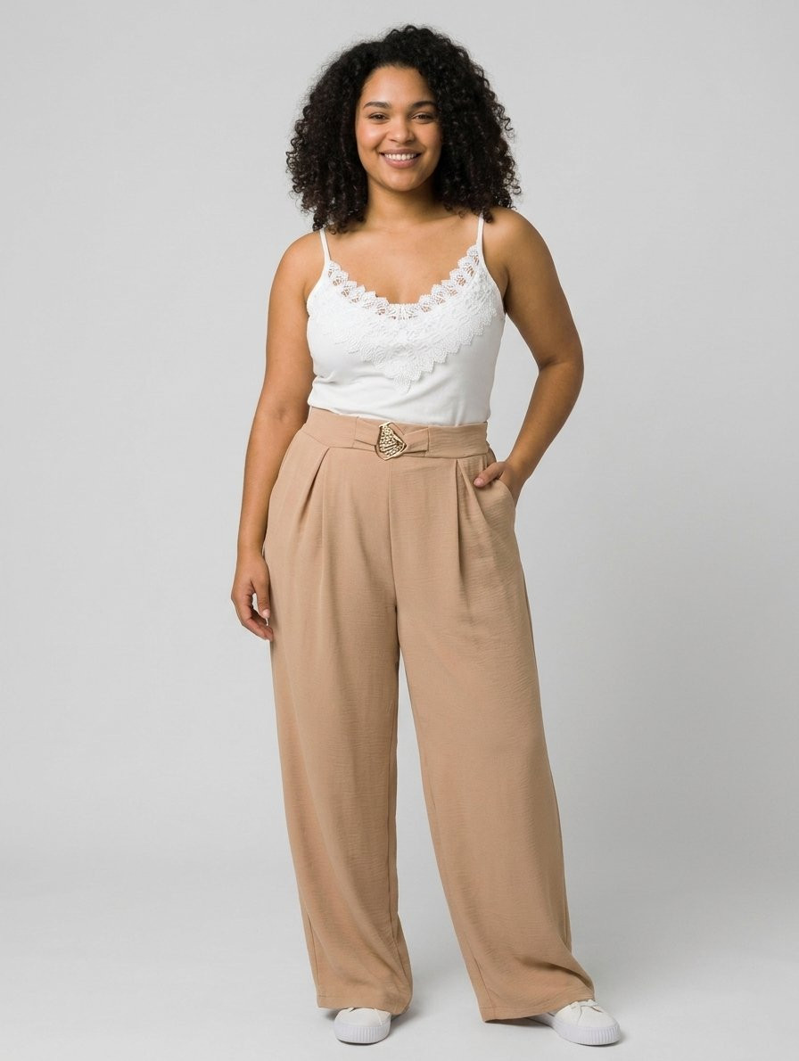 Pantalon femme fluide beige sable ceinture bijou Callista