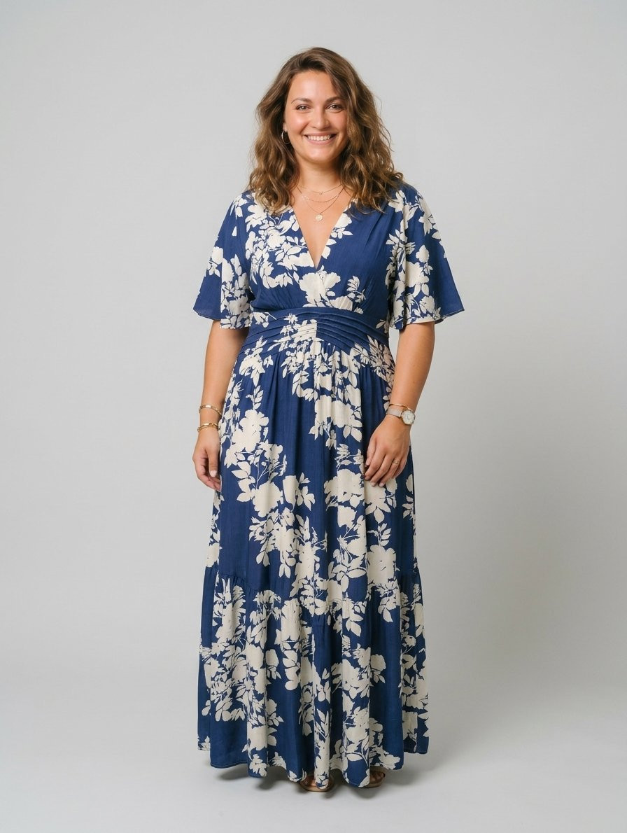 Robe longue femme bleu marine fleurs blanches Pelaya