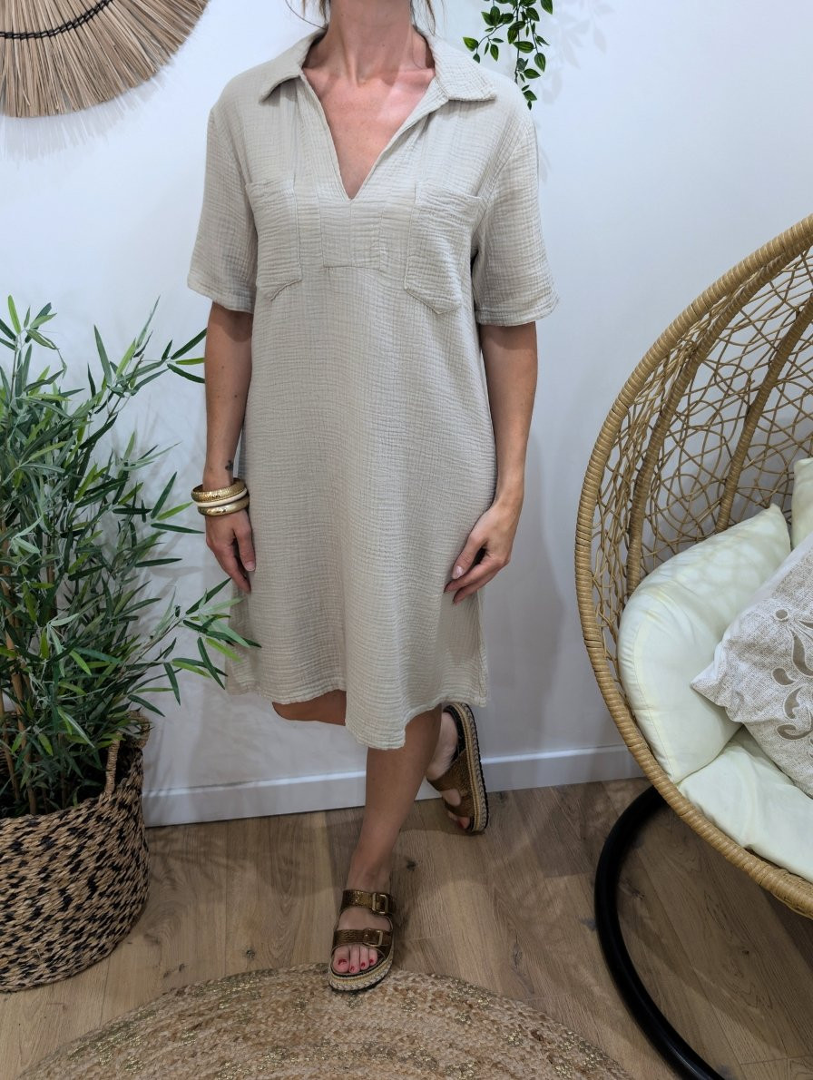 Robe femme col chemise en gaze de coton-Beige
