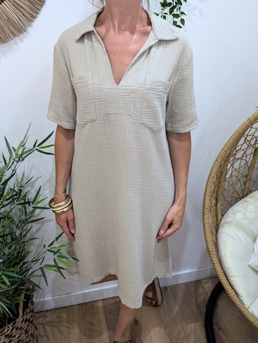 Robe femme col chemise en gaze de coton-Beige