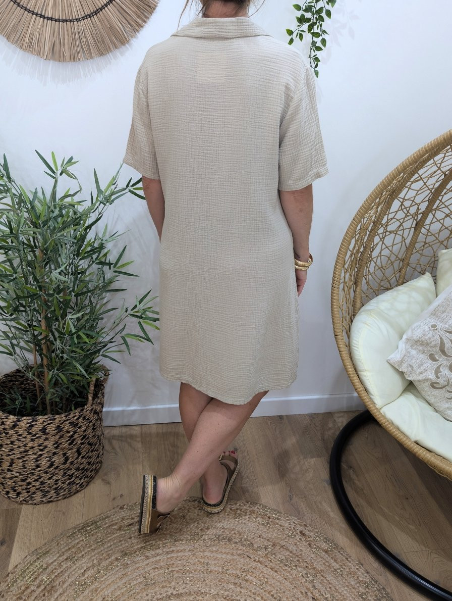 Robe femme col chemise en gaze de coton-Beige