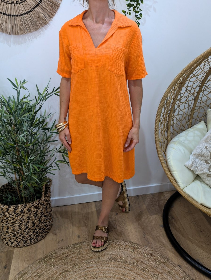 Robe femme col chemise en gaze de coton-Orange