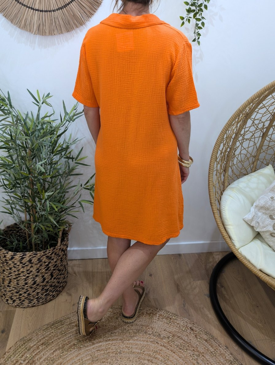 Robe femme col chemise en gaze de coton-Orange