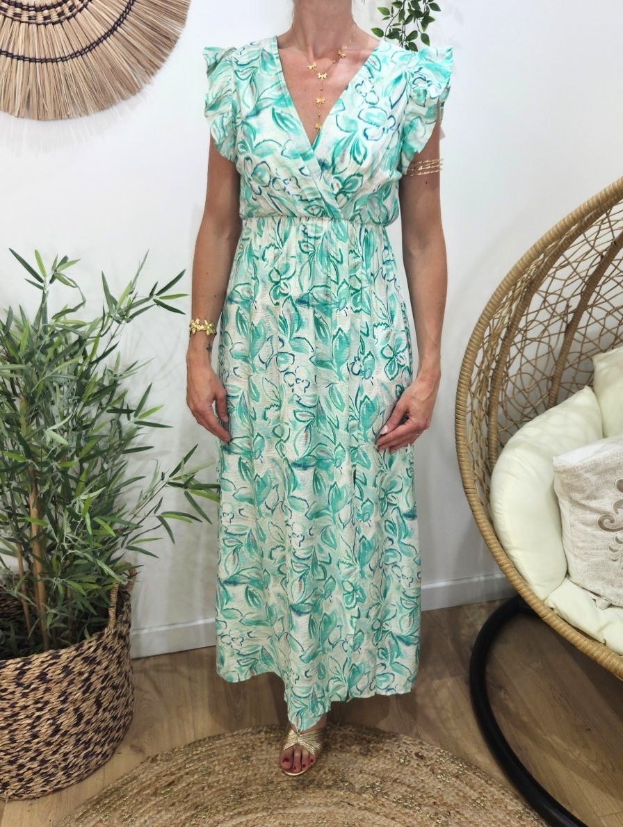  Robe longue femme fleurie verte fleurie Thémis