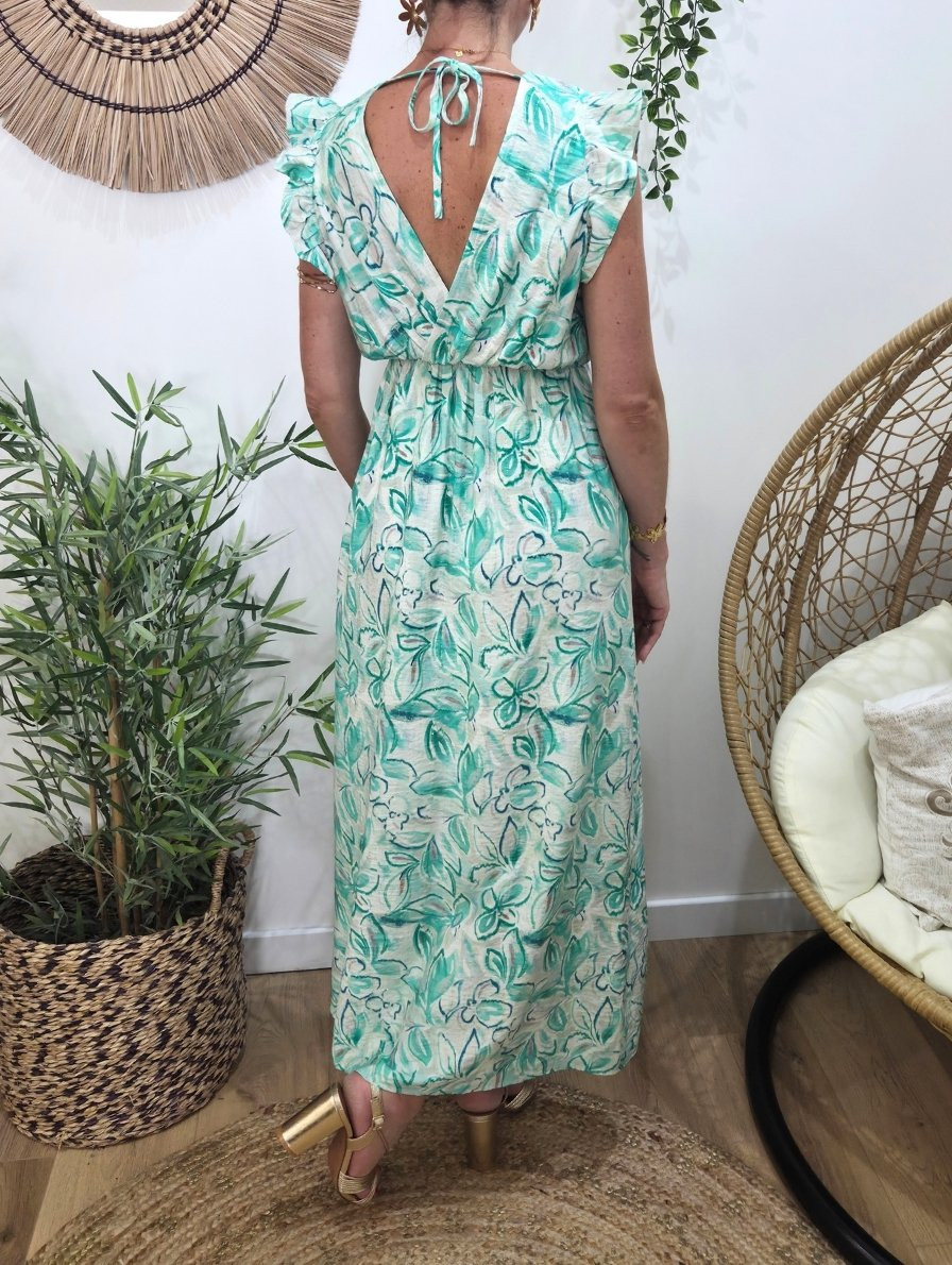  Robe longue femme fleurie verte fleurie Thémis