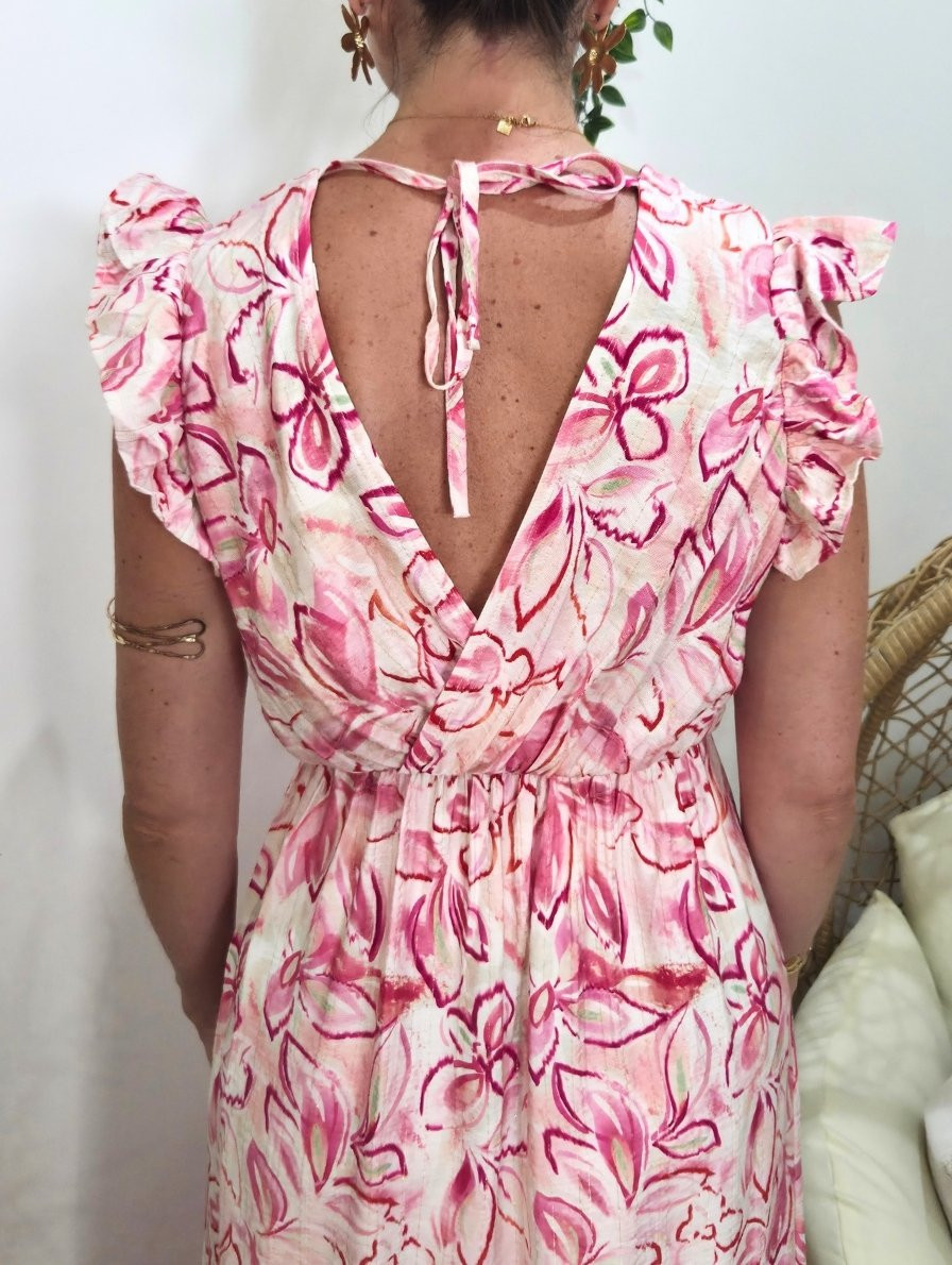  Robe longue femme fleurie rose fleurie Thémis