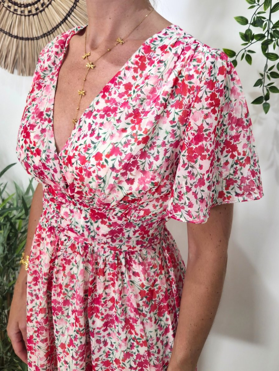  Robe courte femme écrue fleurs roses rouges Noémie