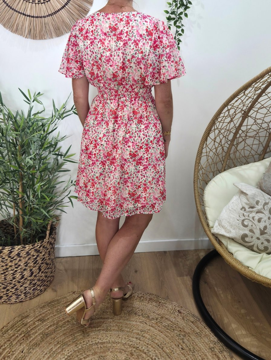  Robe courte femme écrue fleurs roses rouges Noémie