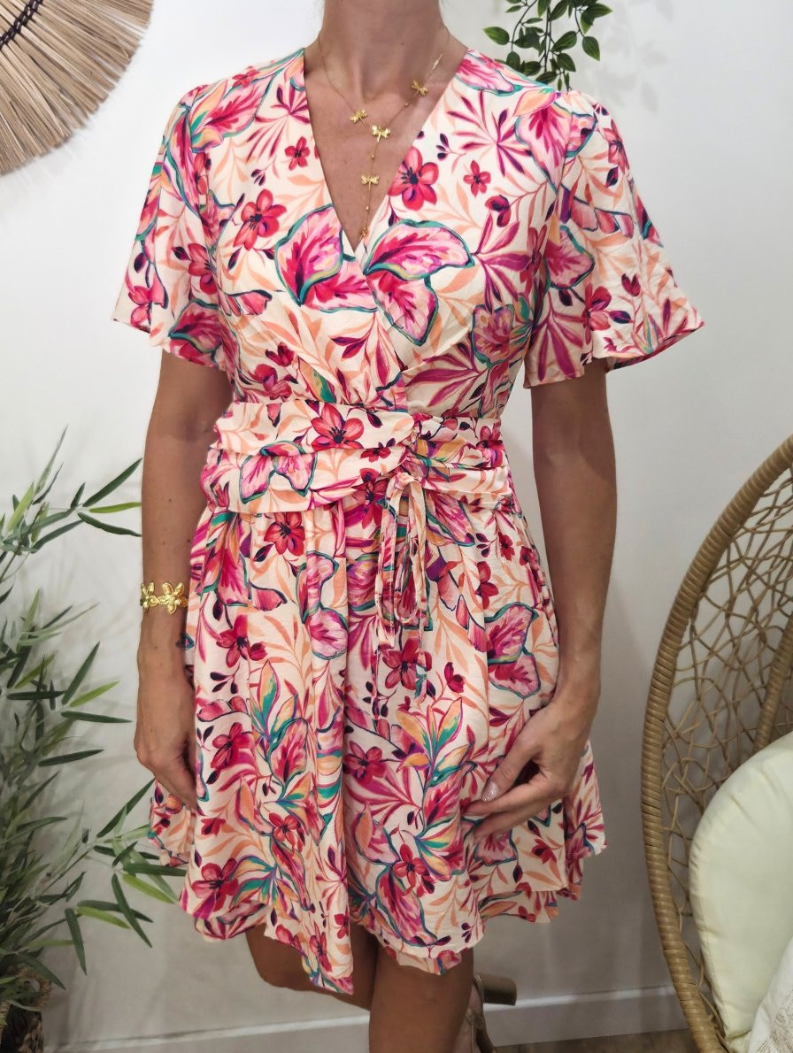  Robe courte femme beige fleurs fuchsias multicolores Zélia