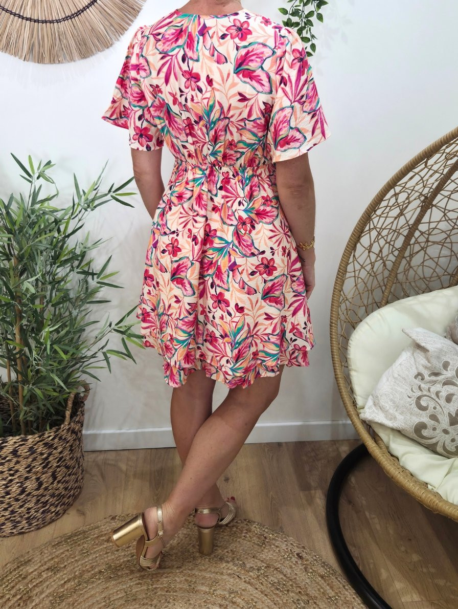  Robe courte femme beige fleurs fuchsias multicolores Zélia