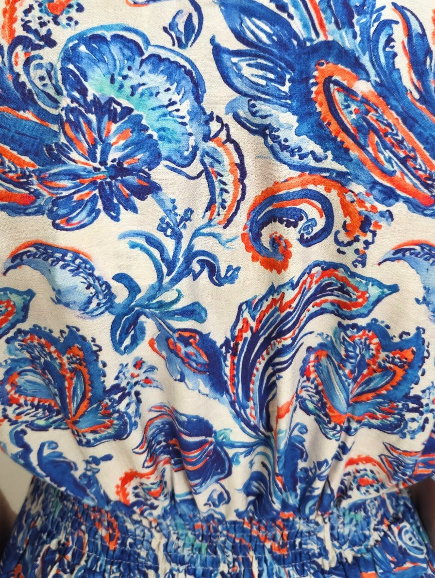  Robe courte femme écrue motifs fleuris bleus oranges Myrtille